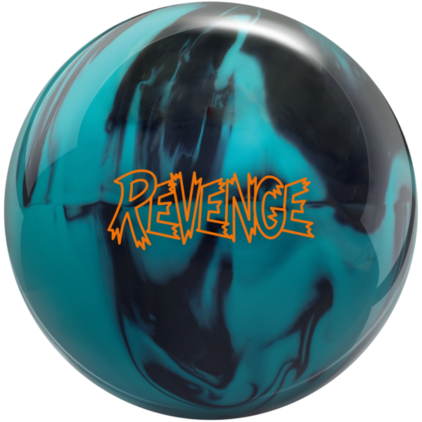 A teal and black colored bowling ball with the Revenge logo in orange centered prominently.