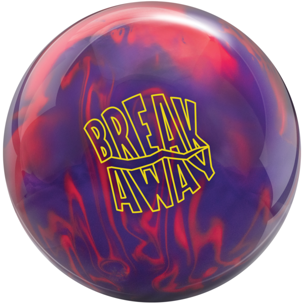 A red and purple colored bowling ball with the Breakaway logo in yellow centered prominently.