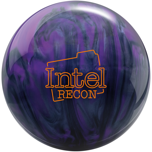 A purple and carbon grey colored bowling ball with the Intel Recon logo in orange centered prominently.
