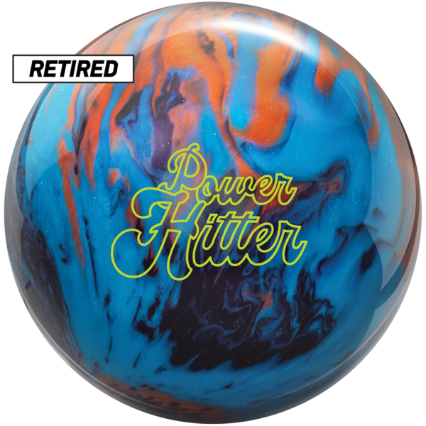 A bowling ball with a black, caramel, and blue color scheme with the Power Hitter logo in yellow-green on the front.