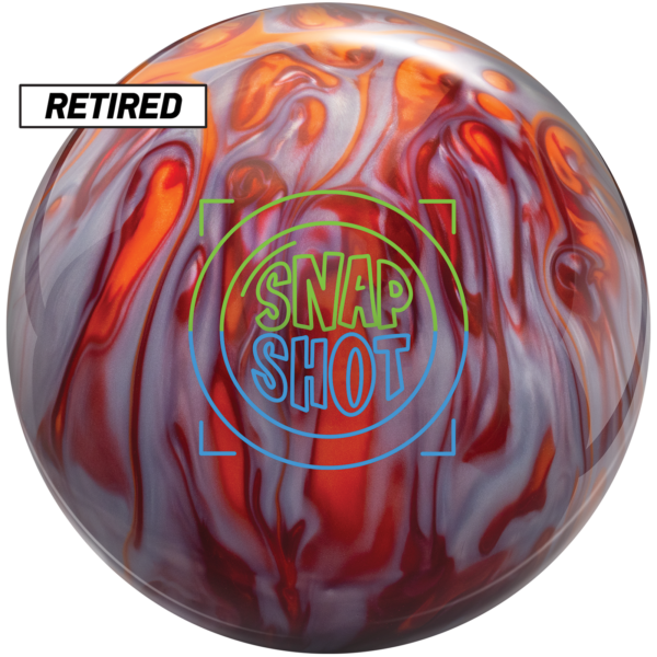 A bowling ball with an orange, scarlet, and silver swirled color scheme and the Snapshot logo in green and blue on the front.