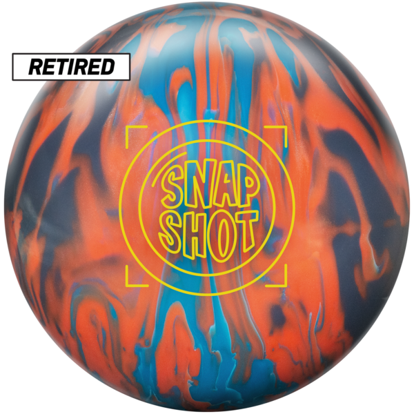 A bowling ball with a teal, orange, and grey color scheme and the Snapshot logo in yellow on the front.