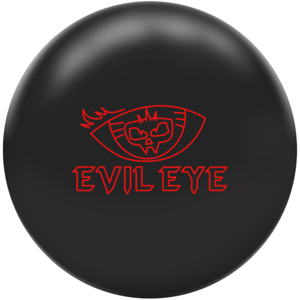 A black colored bowling ball with the Evil Eye logo in red centered prominently.