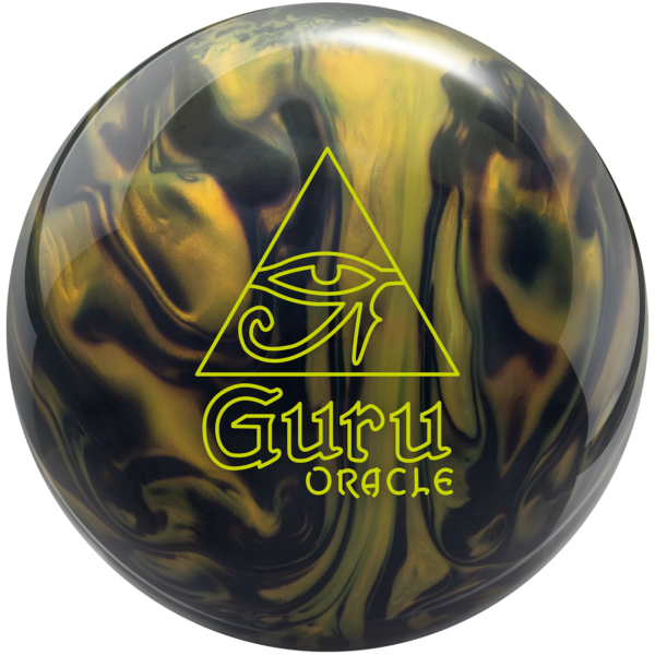 A black and gold colored bowling ball with the Guru Oracle logo in neon yellow centered prominently.