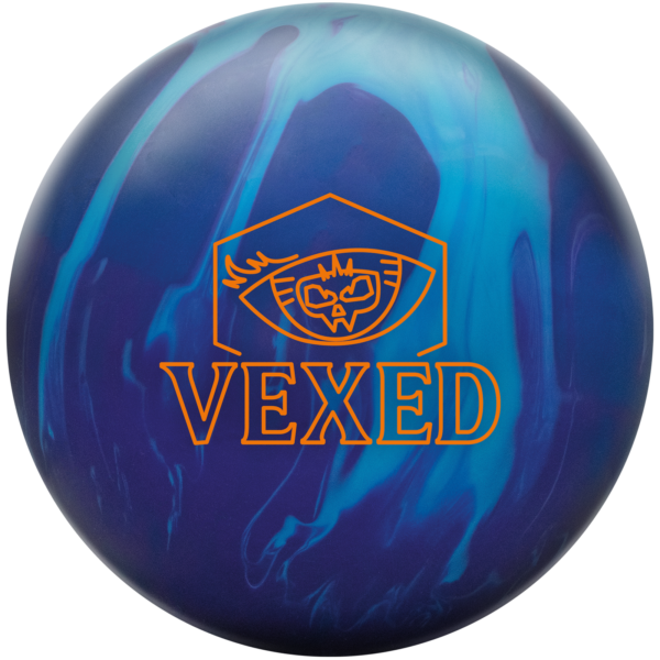 A sky blue, purple, and navy colored bowling ball with the Vexed logo in orange centered prominently.