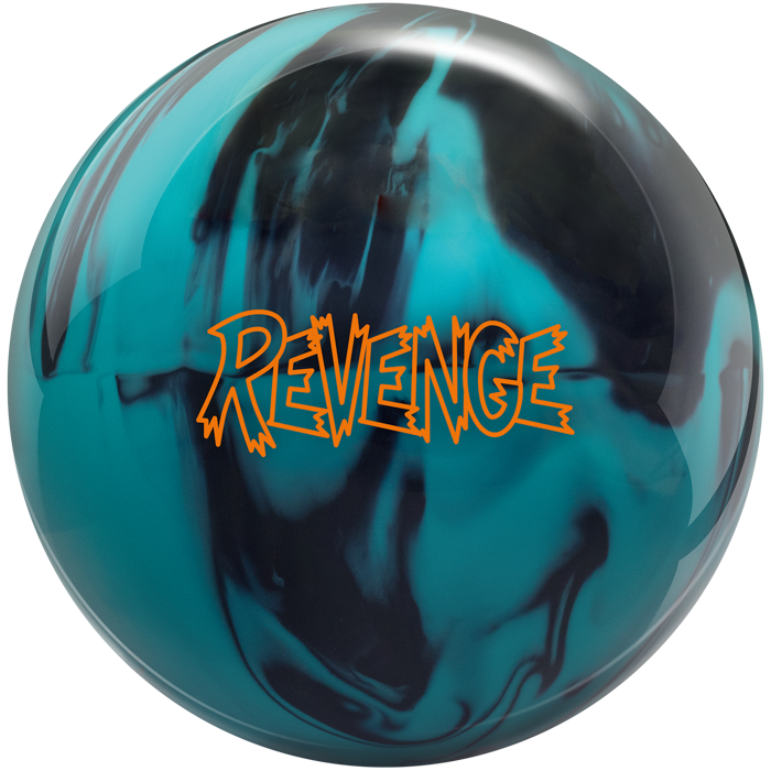 A teal and black colored bowling ball with the Revenge logo in orange centered prominently.