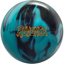 A teal and black colored bowling ball with the Revenge logo in orange centered prominently.