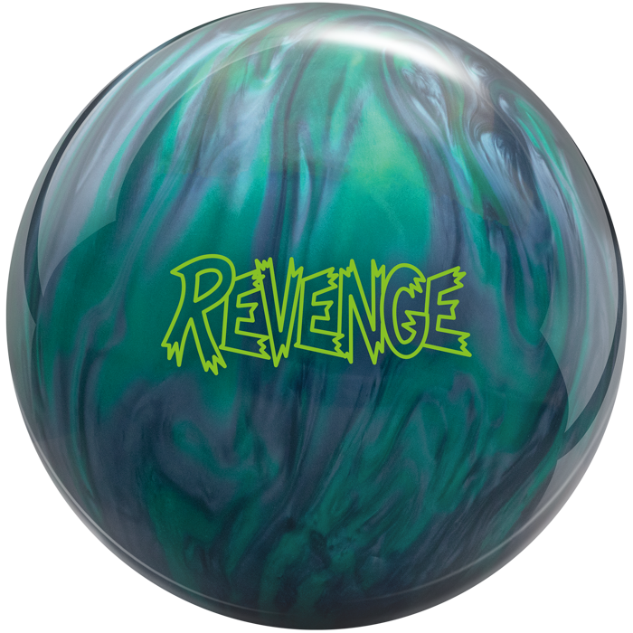 A green and carbon grey colored bowling ball with the Revenge logo in bright green centered prominently.
