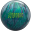 A green and carbon grey colored bowling ball with the Revenge logo in bright green centered prominently.