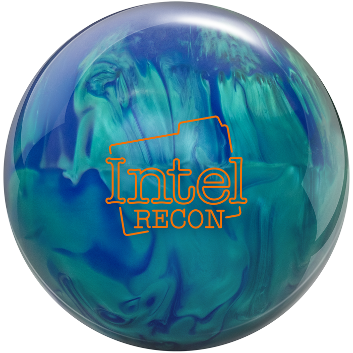 An aquamarine and blue colored bowling ball with the Intel Recon logo in orange centered prominently.