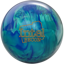 An aquamarine and blue colored bowling ball with the Intel Recon logo in orange centered prominently.