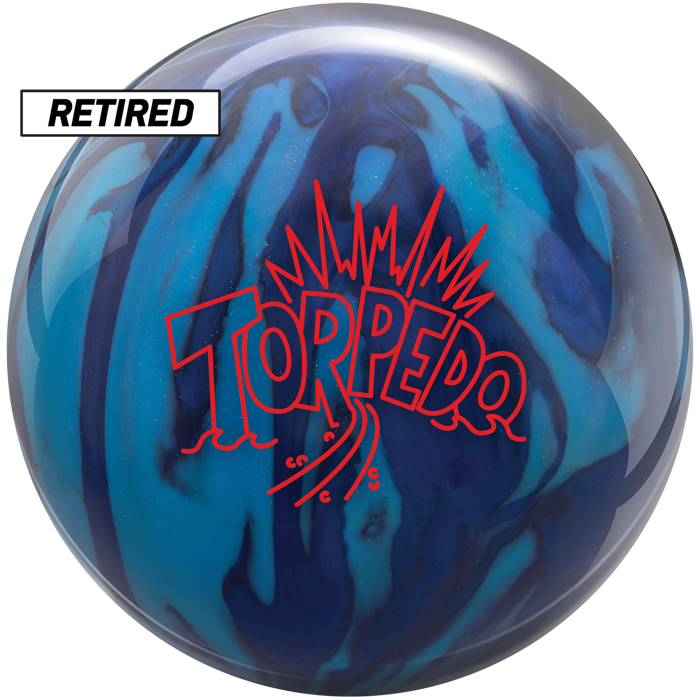 The retired Torpedo bowling ball with a blue, sky blue, and black color scheme and the Torpedo logo in red on the front.
