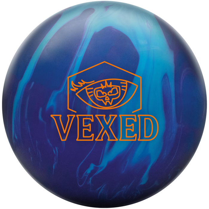 A sky blue, purple, and navy colored bowling ball with the Vexed logo in orange centered prominently.
