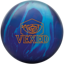 A sky blue, purple, and navy colored bowling ball with the Vexed logo in orange centered prominently.