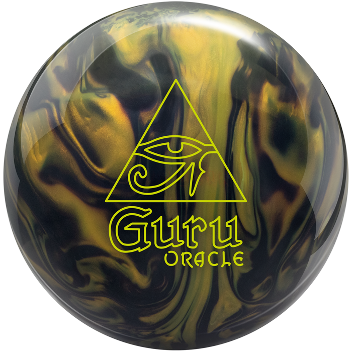 A black and gold colored bowling ball with the Guru Oracle logo in neon yellow centered prominently.