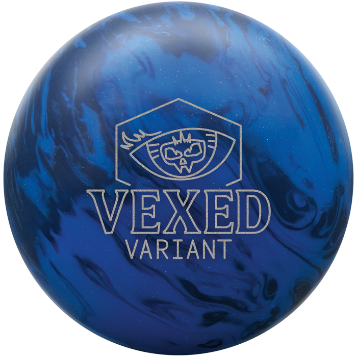 A navy and royal blue colored bowling ball with the Vexed Variant logo in silver sparkle centered prominently.